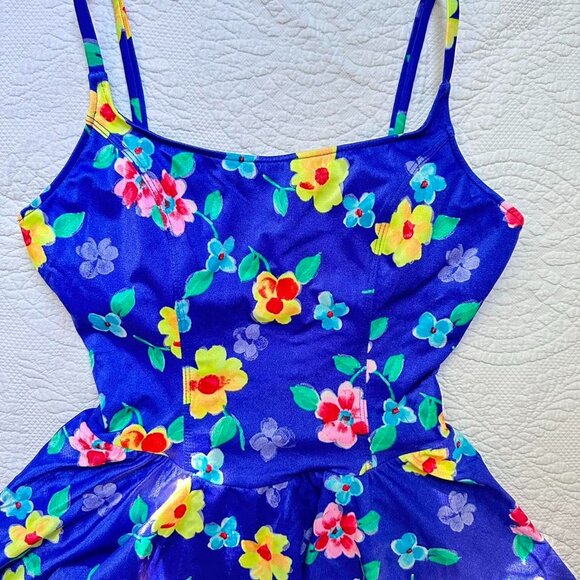 80s neon one piece swimsuit with bright blue and yellow floral pattern - Picture 4 of 8